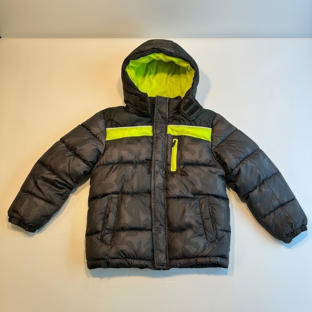Xersion Puffer Jacket Kids Size 8 Grey Neon Yellow Good Camo Hooded Coat